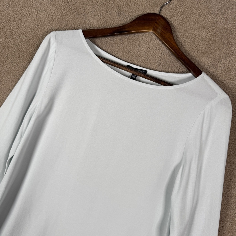 Eileen Fisher Silk Blouse Womens XS Blue Long Sleeve Boat Neck High Low Tunic